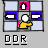 Pixelated grid of nine cells with a central figure in yellow, white head, and pink base beneath large blocky letters.