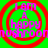 Green background with red concentric circles and pink text reading "I am a happy mushroom" repeated across the image.