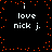 Black background with orange pixel dots forming a border, white text reading "i love nick j." in four quadrants.