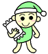 A cartoon elf in a green outfit and hat holds a white pillow, with subtle pose changes