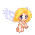 Pixelated angel icon with blonde hair, blue eyes, and white wings in six sequential poses showing wing movement against gray background.