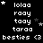 Black background with white pixelated text repeating 'lola', 'raay', 'taay', 'taraa' in four , each containing the same sequence of words and a small star symbol above one instance of 'lola'