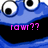 Pixelated blue character face with large white eyes and black pupils, mouth area in solid black displaying pink text 'rawr??' against a blue background.