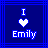 pixelated icons with blue backgrounds, each displaying 'I' above a heart symbol and 'Emily' below, varying in heart and text color shades