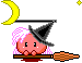 Pixel art of a pink character with white hair and a black witch hat riding a broomstick under a yellow crescent moon, with Japanese text above.
