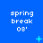 Blue background with white pixelated text 'spring break 08' repeated in a , animated cyan symbols changing position and shape across frames