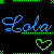 Blue pixelated text 'Lola' with green dotted underline, surrounded by green corner and border pixels on black background.