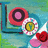 Pixelated static image with abstract circular shapes in pink, white, and red against a blue-green gradient background.