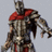 Pixelated figure in armor with red cape, standing in profile with right arm extended, against light gray background.