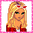 Pixel art buddy icon featuring a blonde woman with heart-shaped sunglasses and pink text elements on a pink background.