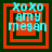 Four identical pixelated squares with red and dark green borders display cyan text reading 'xoxo amy megan' in a