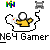 Pixelated animated buddy icon featuring a yellow stick figure with white head holding game controller, connected to gray N64 console via black cord, displayed in contact sheet format with text promoting 'badassbuddy.com' and 'N64 Gamer' label.