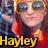 Pixelated image of a person wearing large sunglasses and dark clothing with red accents, featuring bold yellow text reading 'Hayley' at the bottom.