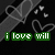 Pixelated image with dark background showing a gray chainsaw, floating white hearts, and green text reading 'i love will' in lowercase.