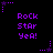 Purple pixelated text 'Rock Star Yea!' repeated across a black background with small purple star and dot patterns.