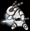 Animated robot bunny with red eye and brown antennae wields blue lightsaber against black background, text 'AM IRON BUN' in silver gradient letters.