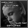 Black-and-white animated sequence showing a person with short light hair and dark eye makeup, text overlays reading "WHEN I WAS ALMOST DEAD" and "YOU FILLED THAT EMPTY SPACE", visible vertical line artifacts.