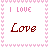 four and four displays the word "Love" in varying shades of red with pink text above it, all on a white background bordered by small pink hearts