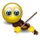 Yellow emoji face with large blue eyes holding a brown violin and yellow bow against white background.