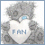 Static pixelated icon of a gray cartoon character with blue eyes wearing a white shirt displaying the text "FAN" in blue letters, set against a light background with a thin blue border.