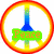 A circular icon with a rainbow gradient border contains a peace symbol and text elements in various colors.