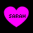 Four pink heart-shaped icons with the text 'SARAH' in black pixelated font, arranged in a on a black background