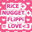Pink background with white heart pattern and text reading "RICE + NUGGET + FLIPPI = LOVE<3" in pink letters.
