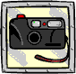 A black disposable camera with red accents on a light yellow background, shown in multiple states of animation.