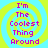 Four identical pixelated display 'I'm The Coolest Thing Around' text over a yellow and cyan spiral background with no visible animation changes
