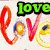 Animated icon displays four distinct with 'love' and 'peace' text elements in varied styles, colors, and backgrounds
