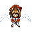 Pixel art character with brown hair and red headband in four animated frames showing winged pose variations against gray background.