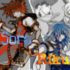Pixelated anime-style icon featuring three characters with distinct hair colors and outfits, overlaid with stylized text elements.