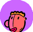 Animated sequence of a cartoon character with pink skin and orange hair, showing apple and lightbulb interactions against a purple background.