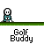 Pixel art character in teal shirt and white face holding golf club, repeated across with text "Golf Buddy" below each, one frame shows "FREE!" speech bubble