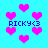 Pixelated cyan background with scattered pink hearts and blue text reading "RICKY<3" in four locations.