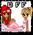 Pixel art contact sheet showing two frames of an animated buddy icon with a doll-like character and "BFF" text, where the first frame has black "BFF" letters and the second frame shows blue "BFF" letters.