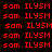 Red pixelated text 'sam' and 'ILYSM' repeated across four color variations of a