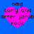 Four identical pink heart-shaped icons with black text on a blue background, each displaying 'omg carly and arter jacubarter rock' in pixelated font.