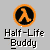 Pixelated circular icon with orange border and black interior containing an orange 'A' symbol, below which is pixelated text reading "Half-Life Buddy" on gray background.