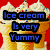 A static image with four quadrants showing food items and text: ice cream, gummy bears, and a cookie.
