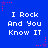 Blue background with white pixelated text "I Rock And You Know IT" repeated in six positions, surrounded by pink and purple star-shaped pixel clusters