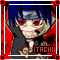 Pixelated character with blue hair and red eyes in a black cloak, standing against a red background with 'ITACHI' text below.