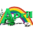 Green 'APRIL' text with rainbow arch, small tree and car icons on white background.