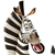 Pixelated zebra head with black and white stripes, brown ears, pink mouth interior, and a single visible eye showing a white highlight.