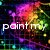 Pixelated abstract composition with vibrant splatter colors and lines, featuring partial text fragments 'paint my' and 'world' over a dark background