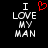 Two side-by-side pixelated text displays on black background, each reading "I LOVE MY MAN" with a red heart replacing the word "LOVE" in the left version.