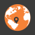 Pixelated orange globe with white landmasses and a black location pin centered on the globe's surface against a dark gray background.