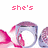 Animated sequence showing a pink and purple fish-shaped icon with text changing from 'she's' to 'got' then 'BLANG!' above it.