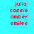 Red pixelated text listing names 'julia', 'cassie', 'amber', 'emilee' on a cyan background with green gradient accents.