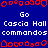 Blue background with red pixelated shapes and repeated white text reading "Go Cascia Hall comandos" in two